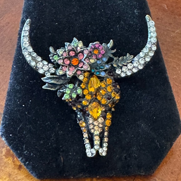 Rhinestone Western, Cowboy, Longhorn Skull Bull Head, Southwestern Brooch, Pin - Picture 2 of 6
